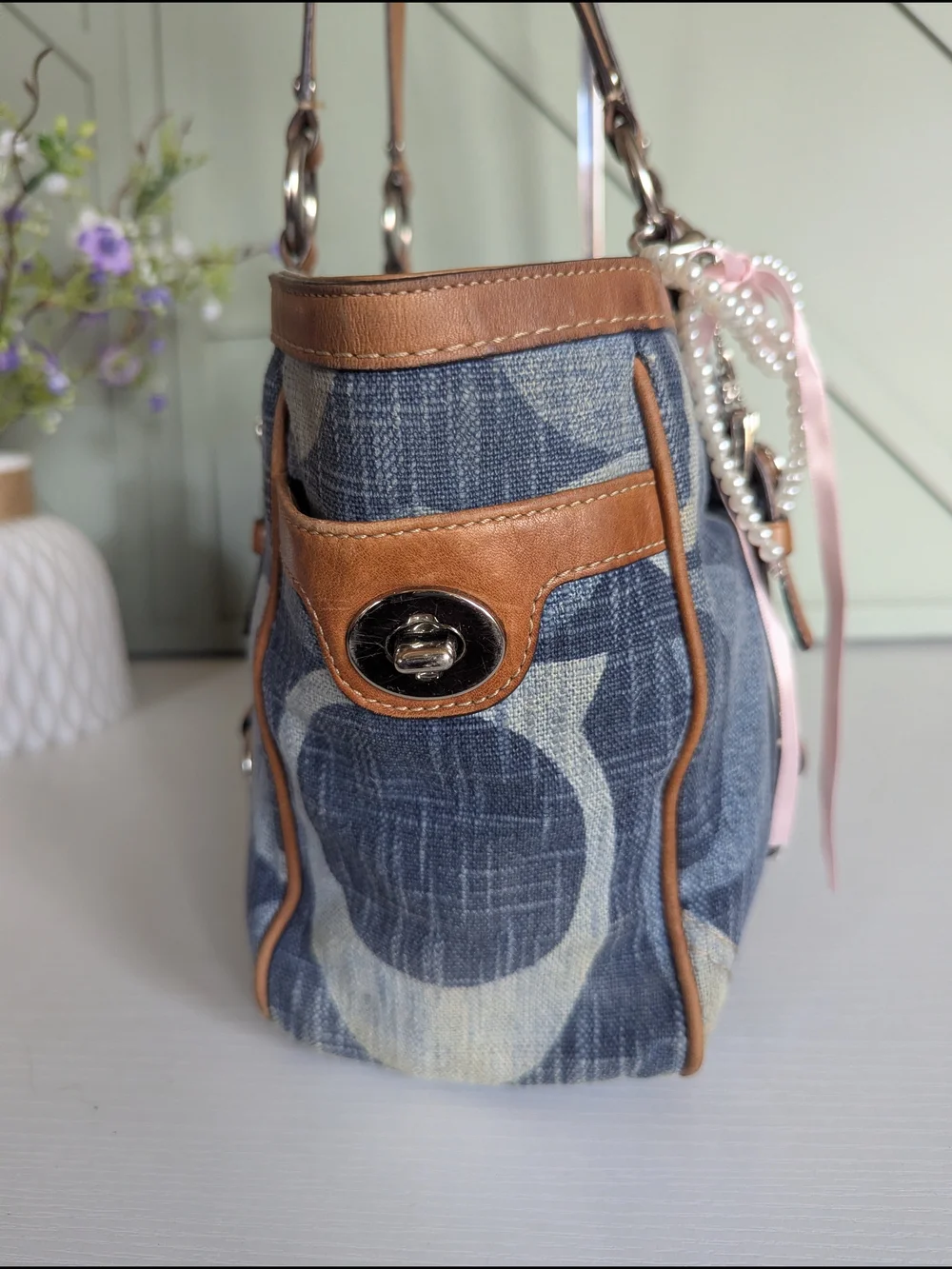 Coach Blue Pattern Logo Tote with Brown Trim